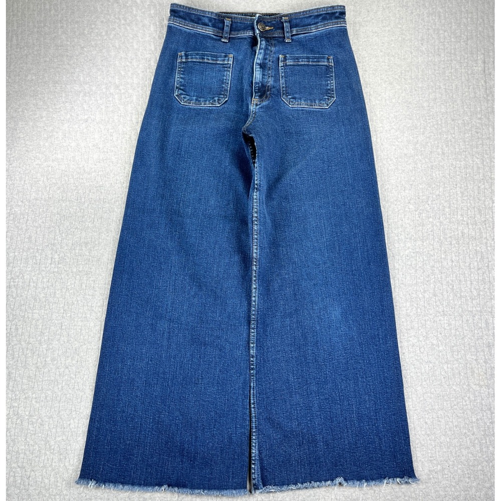 New Zara baggy wide leg Jeans Women 12/30x27 Blue dark wash‎ High Rise  Raw Hem
